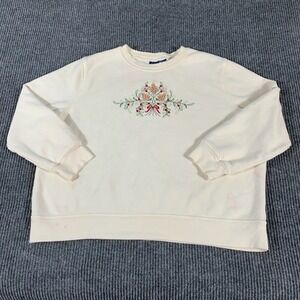 VTG ‎ Basic Editions Sweatshirt Womens XL White Pullover Embroidered Holiday 90s